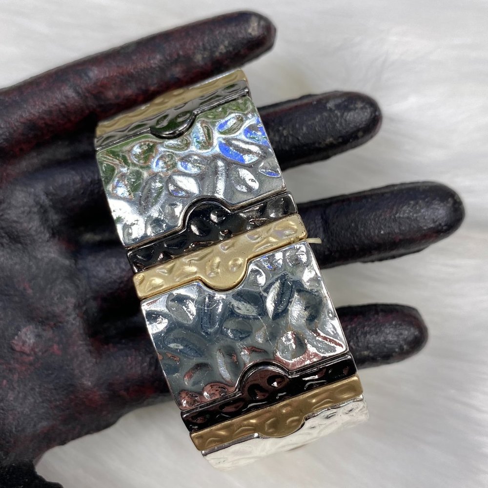 Tritone Metal Puzzle Stretch Bracelet 1" Wide